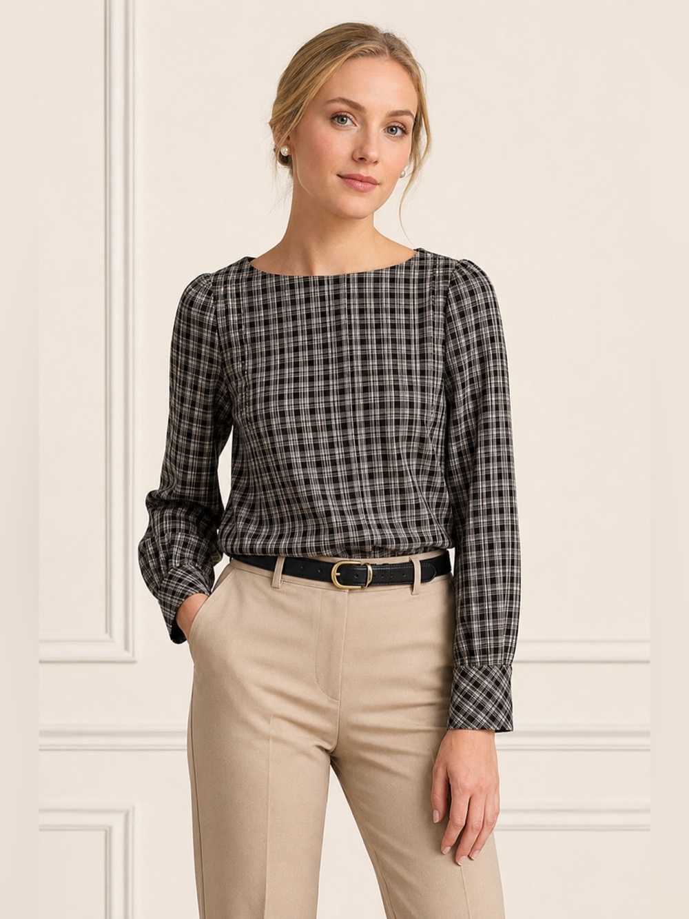 Brooks Brothers Black and Gray Plaid Blouse